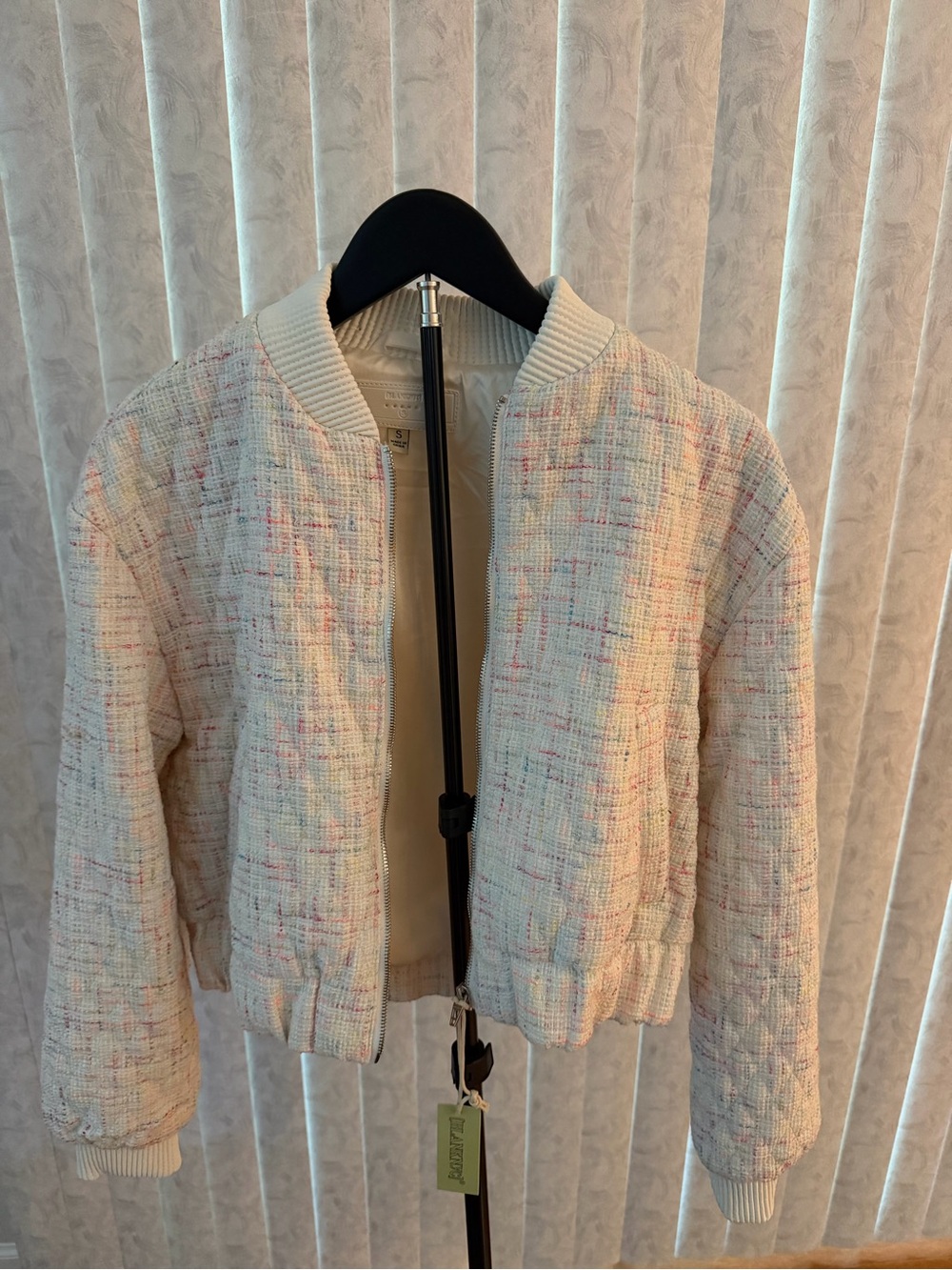 Textured Ivory Tweed Bomber Jacket - Women